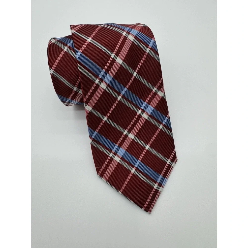 Tommy Hilfiger Tie Red Plaid Silk Blend Classic Width Preppy Business Mens